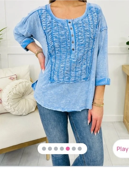 Oli & Hali Light Blue Ruched Henley Top - Picture 2 of 11